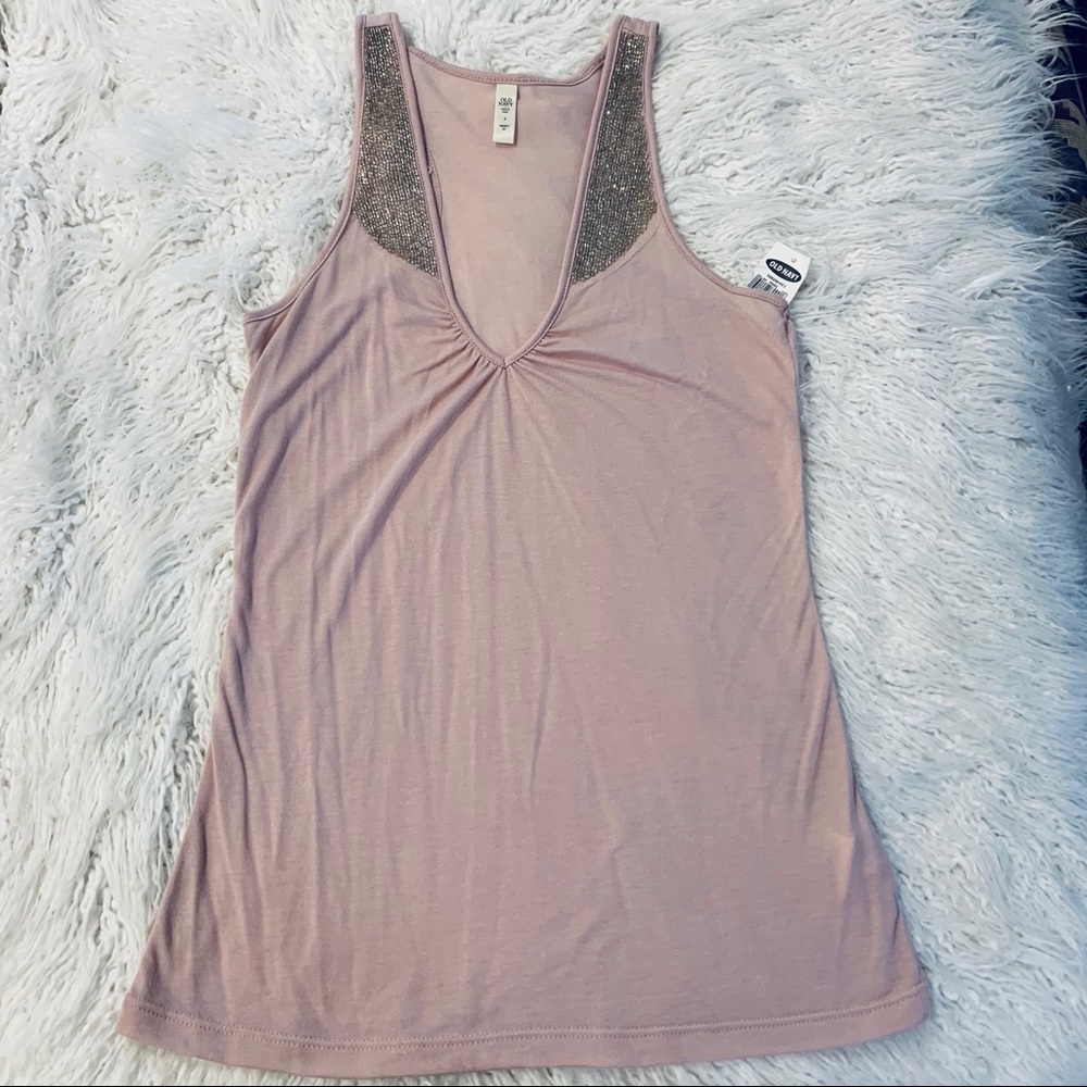 Blush w/Silver, plunging neckline sleeveless top